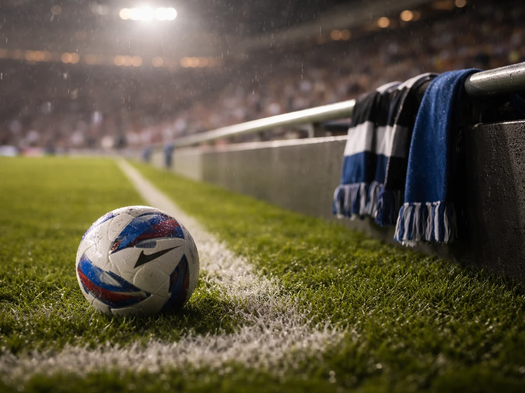 Soccer ball on a wet MLS pitch near a stadium barrier, implying a football disambiguation context.