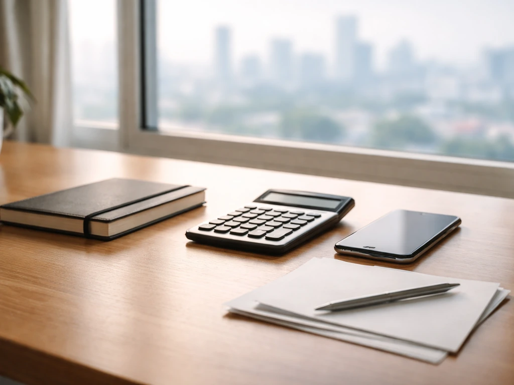 Minimal photo of a tidy desk with a calculator, notebook, and blurred city view suggesting research into earnings