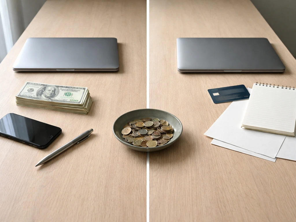 Two minimal desk setups with money and business items side-by-side to imply differing net worth estimates.