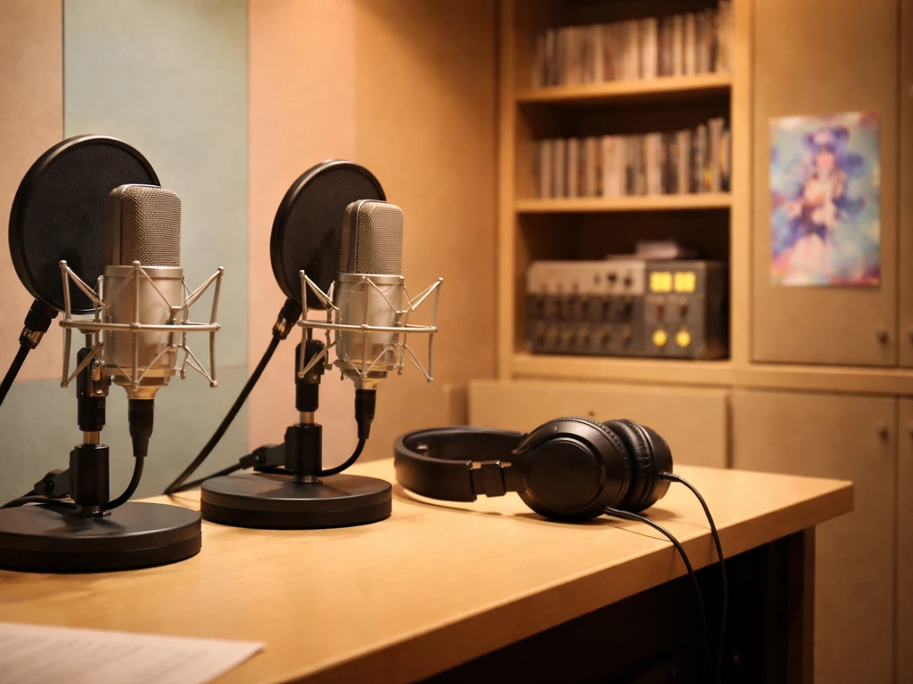 Quiet Japanese voice-recording booth with microphones and headphones, suggesting music and entertainment earnings.