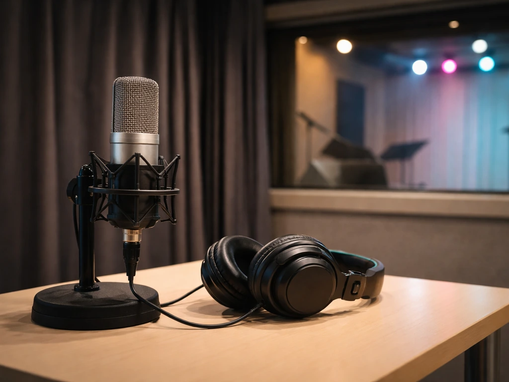 Unbranded voice studio desk with microphone and headphones, softly lit, suggesting voice acting context.