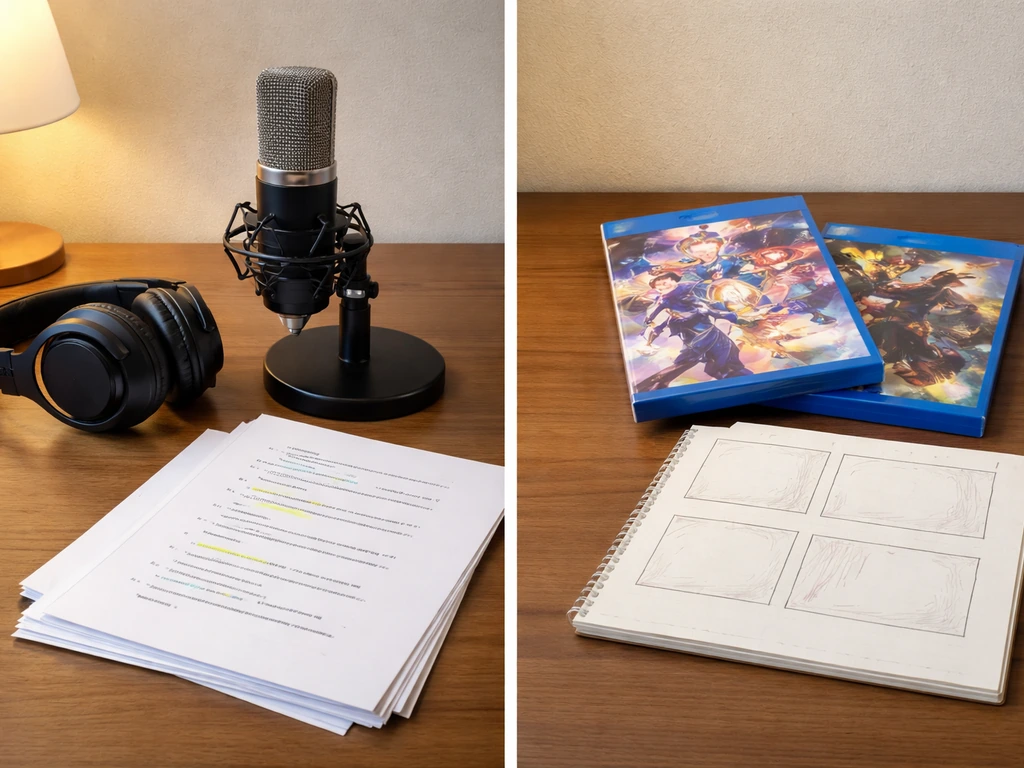Minimal desk scene split by props: studio mic and scripts vs anime/game case cues, showing income sources.