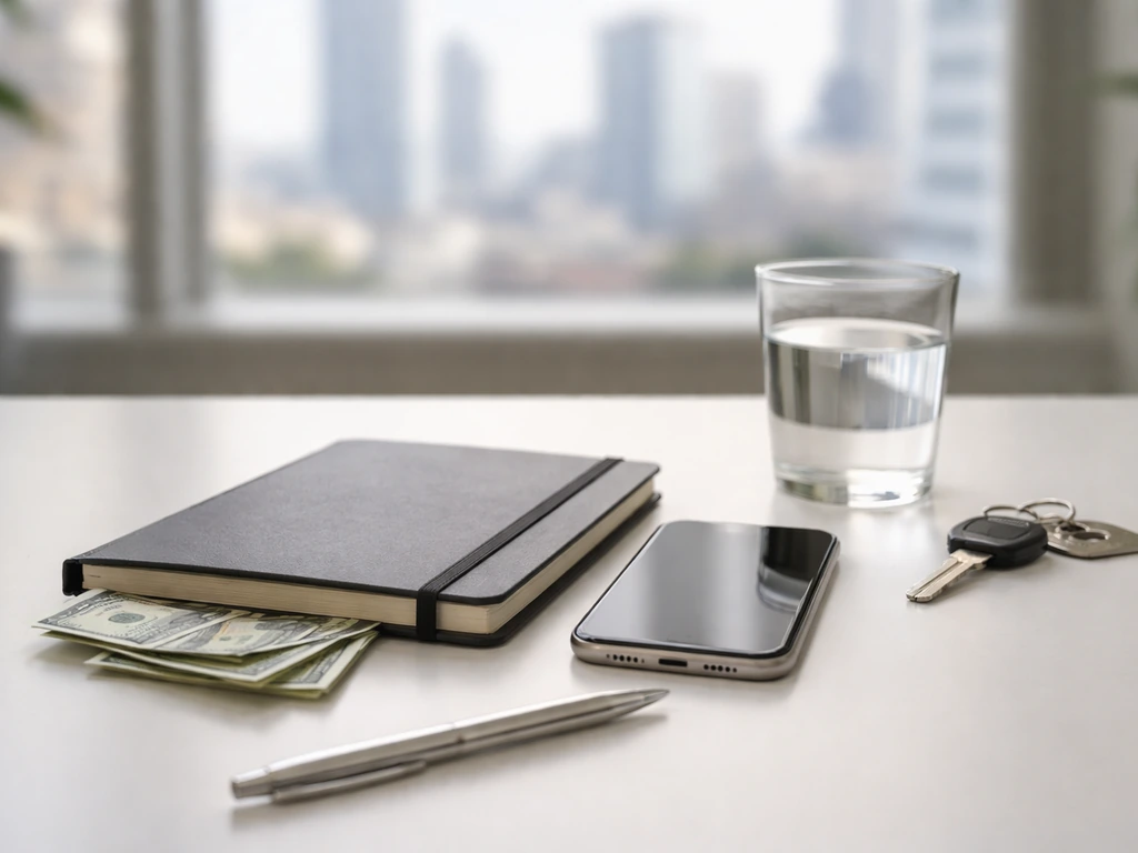 Minimal office scene with a plain money-themed backdrop suggesting a net worth range estimate.