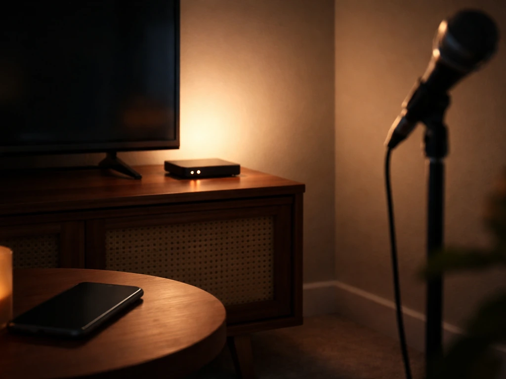 Minimal living-room scene with a smart TV glow, phone, and microphone stand silhouette suggesting a streaming comedy spe