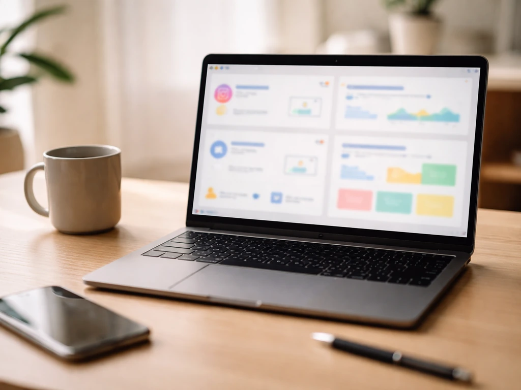 Close-up of a laptop showing abstract social analytics-style panels without readable text.