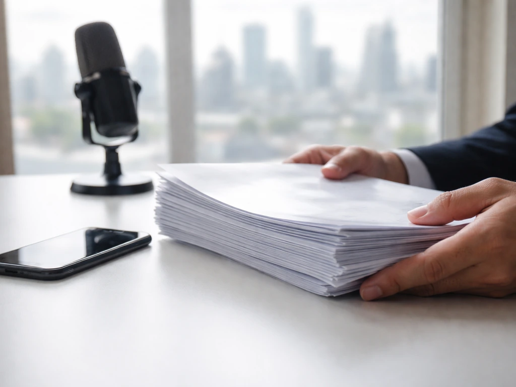 Close-up of anonymous hands with blank contracts and a studio microphone on a desk by a window.