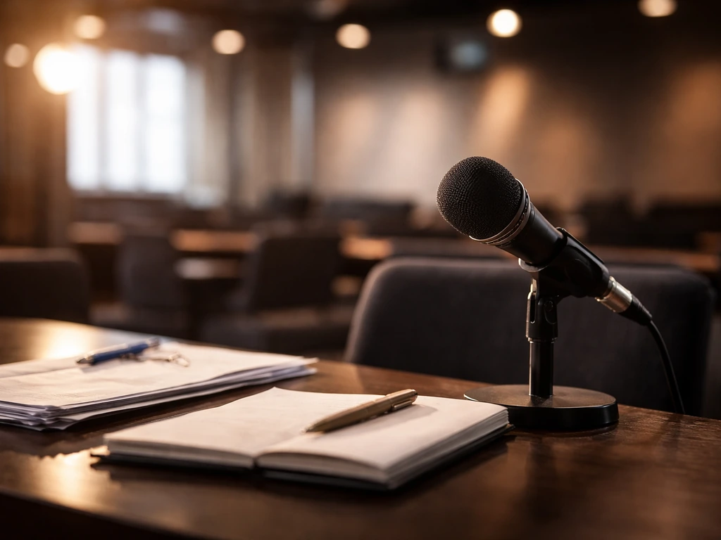 Photo of a TV studio desk with a microphone, suggesting media work and public-profile financial analysis
