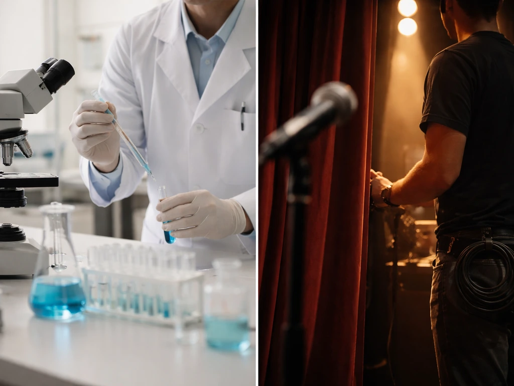 Minimal two-panel photo showing anonymous researcher desk and theater backstage mood, split by subtle divider.