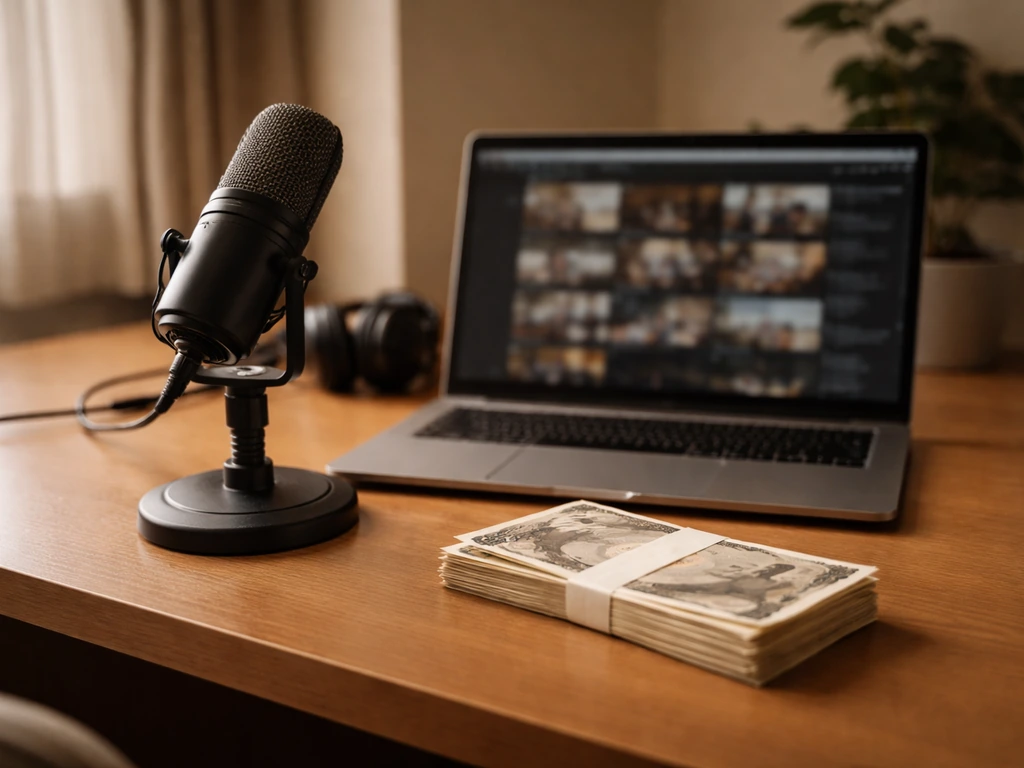 Japanese actor-style media studio scene with laptop, microphone, and a small stack of cash