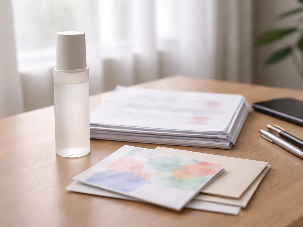 Close-up of generic product, contract papers, and event materials on a desk in natural light.