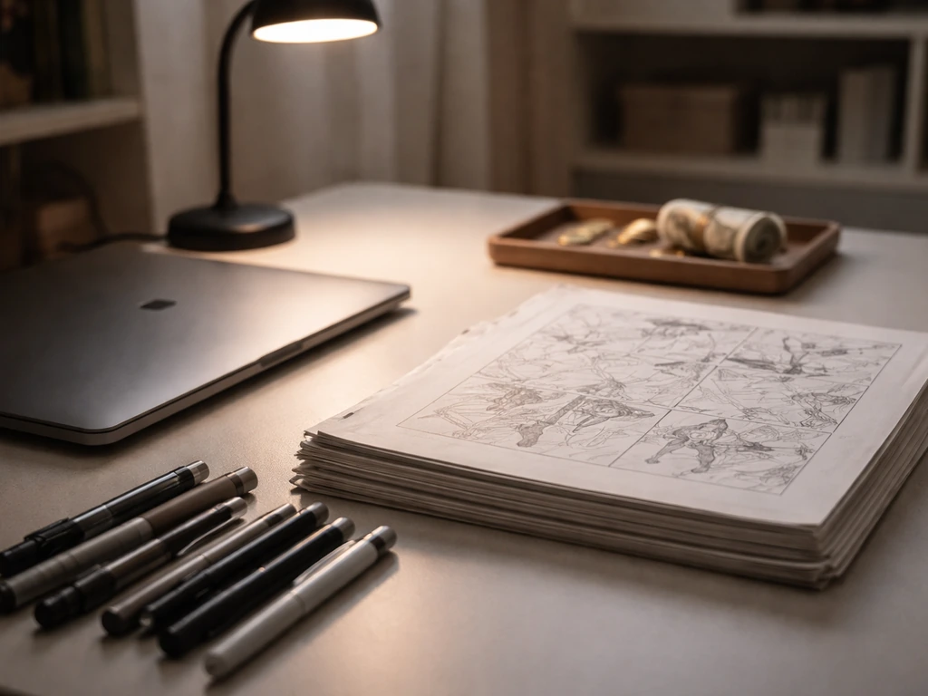 Minimal studio scene with a manga desk and subtle wealth symbolism for a net worth article