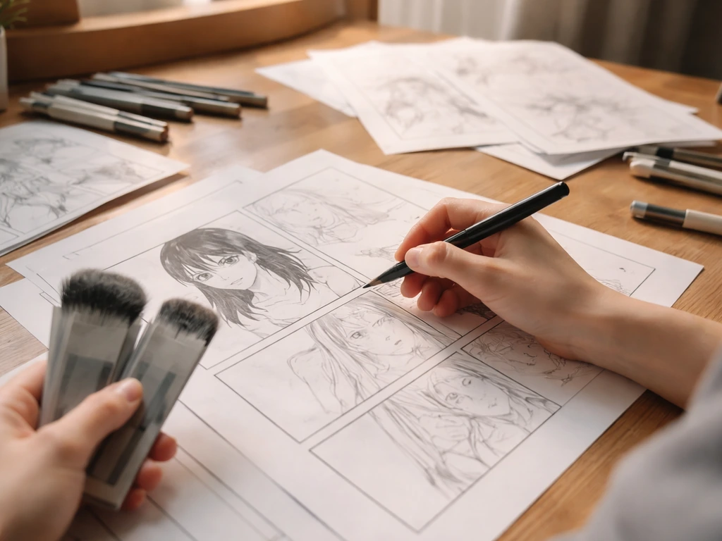 Anonymous manga artist’s hands sketching black ink on blank pages at a quiet desk in natural light