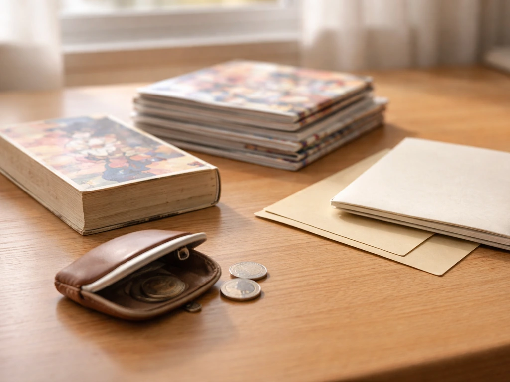 Minimal desk still life with manga volumes, magazines, coins, and an envelope suggesting manga income streams.