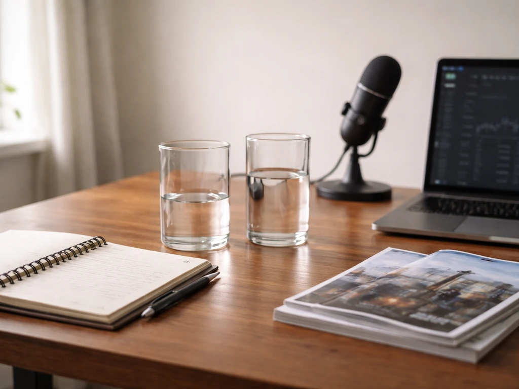 Minimal desk scene with growing liquid levels and media items symbolizing a career and wealth shift timeline.