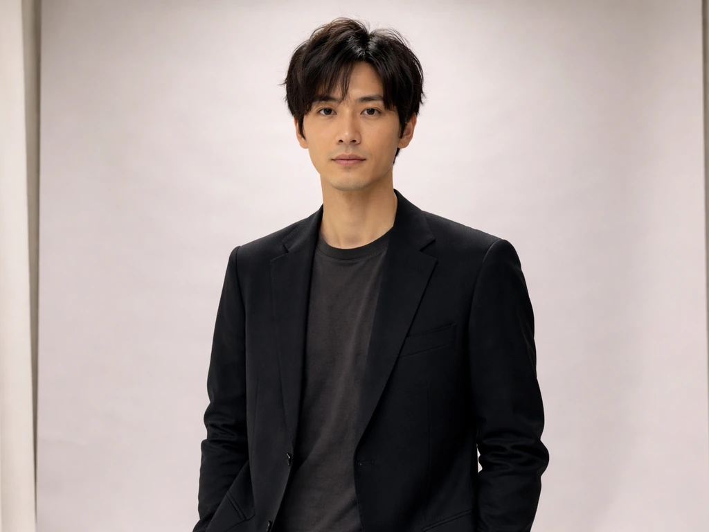 Japanese actor and model in a simple studio setting, softly lit, wearing a dark blazer