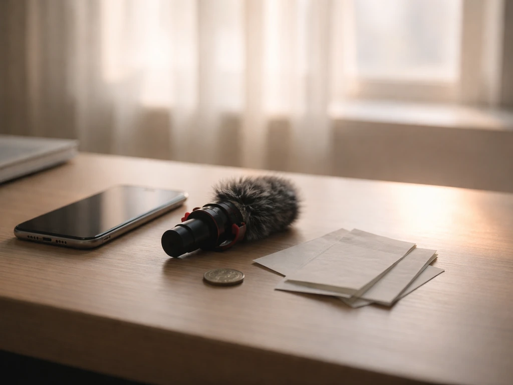 Minimal desk scene with smartphone and microphone, coins and blank receipts symbolizing changing career/earnings signals