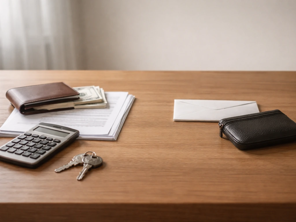 Minimal photo of a desk with money documents and a calculator, symbolizing assets minus liabilities calculation.