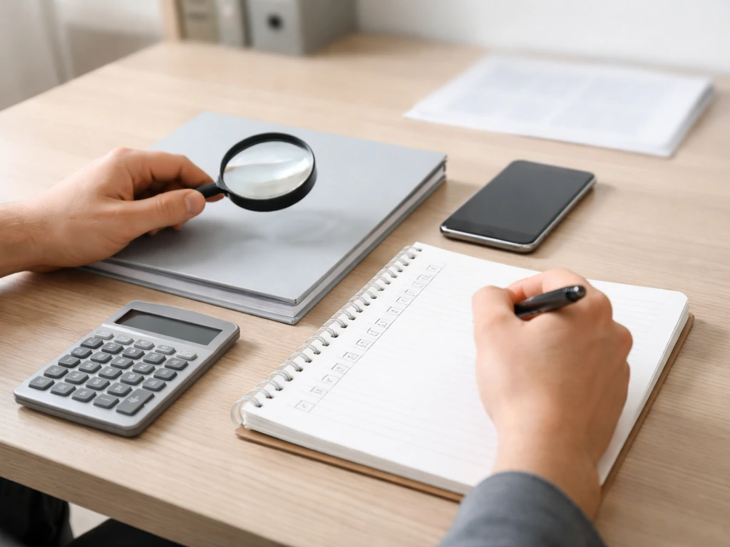 Minimal desk scene with an open notebook, calculator, annual report papers, and a smartphone for diligence checks.