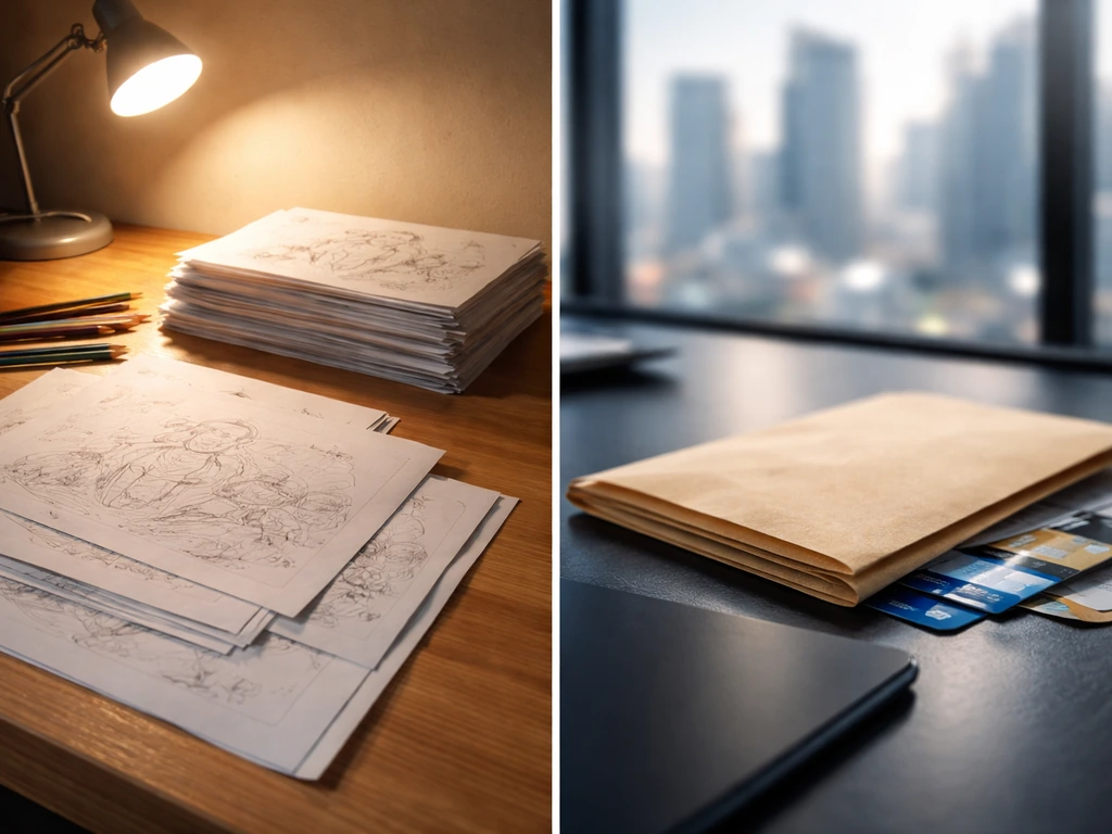 Split photo: animation cels and sketches on one side, envelope and finance items on the other.