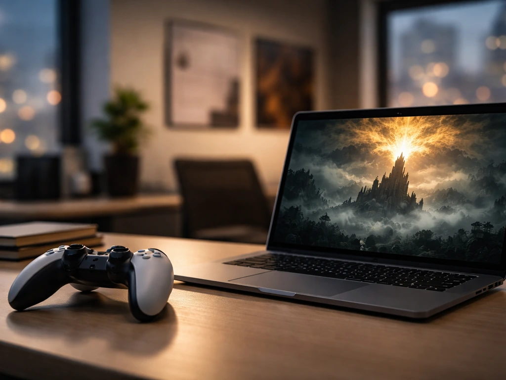 Gaming controller and laptop on a studio desk, symbolizing game industry wealth without any person.