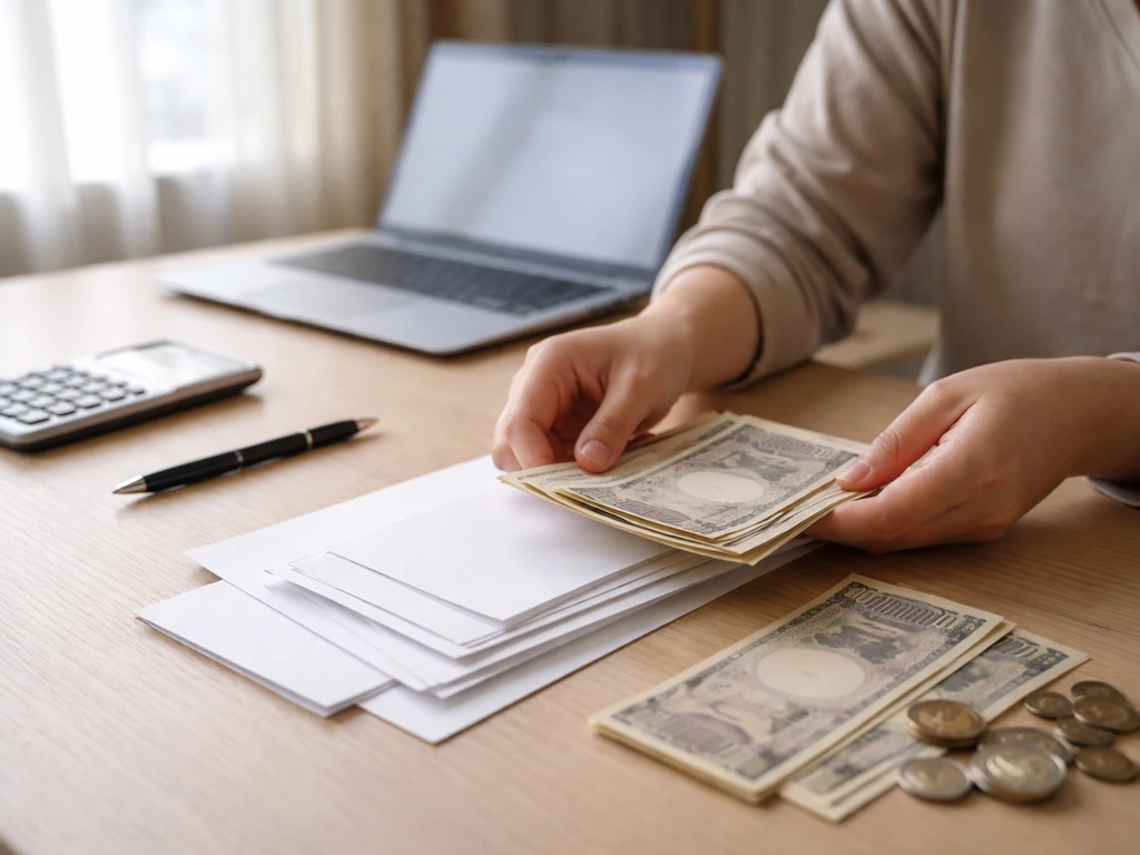 Person in a quiet office reviewing papers beside a laptop and cash, symbolizing estimation without documents.