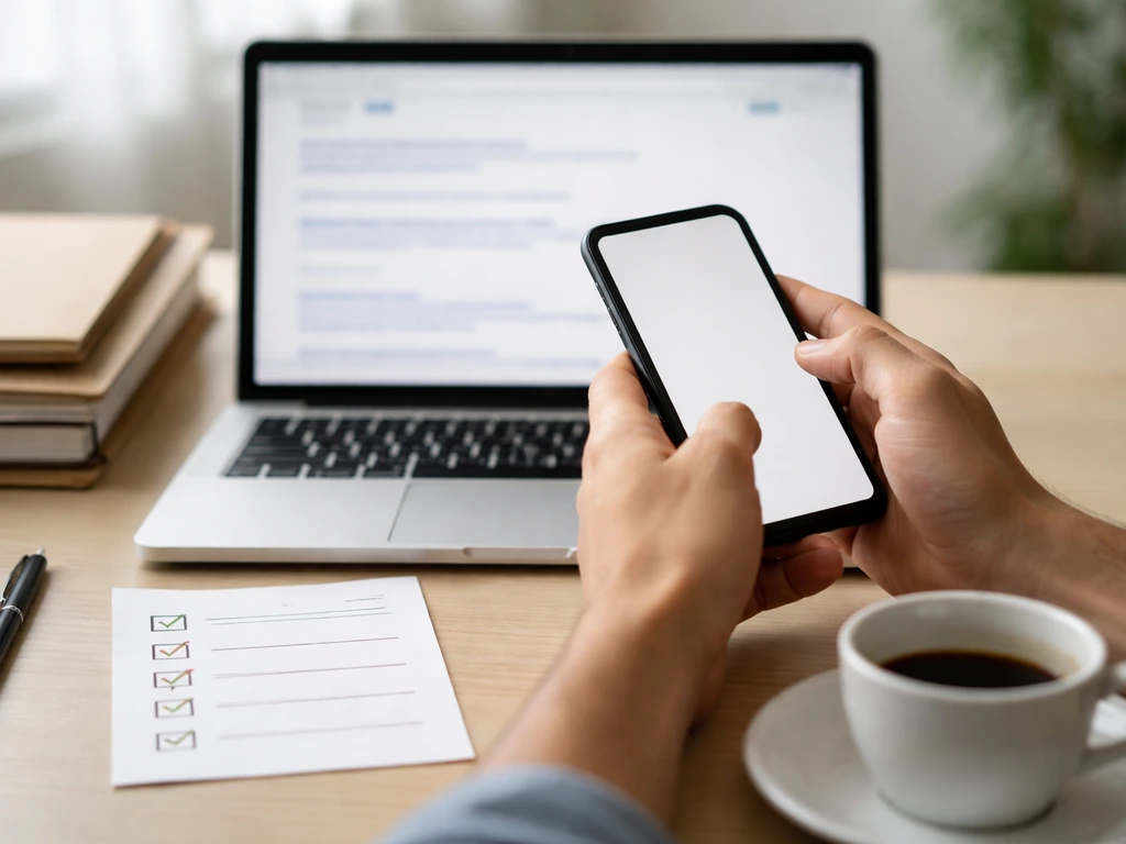 Hands checking a blank checklist beside a laptop and smartphone with blurred browser results.