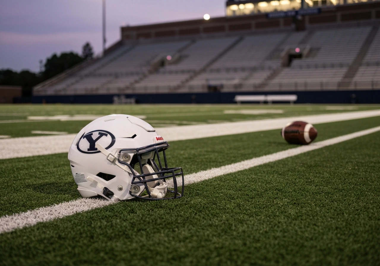 BYU-style football stadium scene with a helmet on the sideline, symbolizing a football linebacker profile
