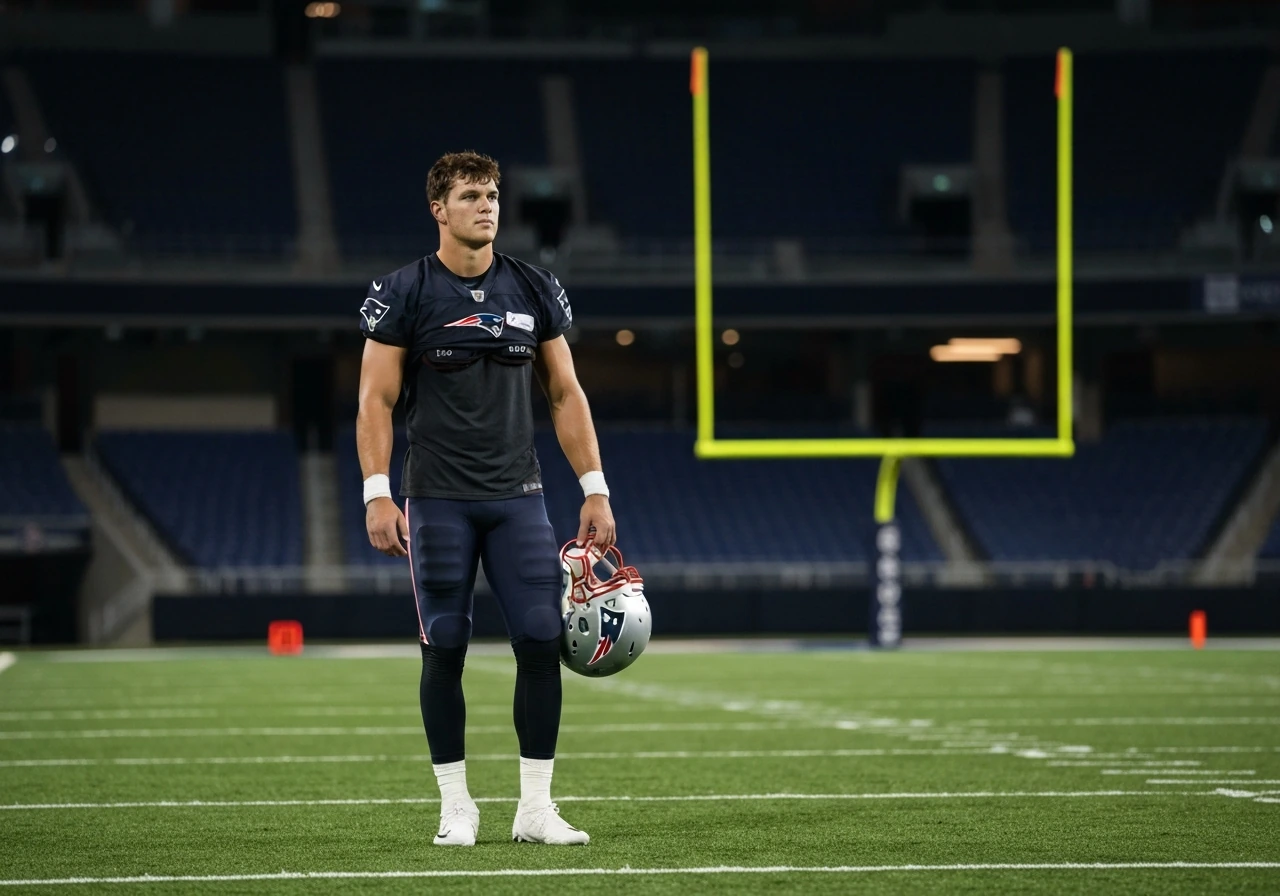 Anonymous linebacker in a Patriots-style practice uniform on a football field holding a helmet.