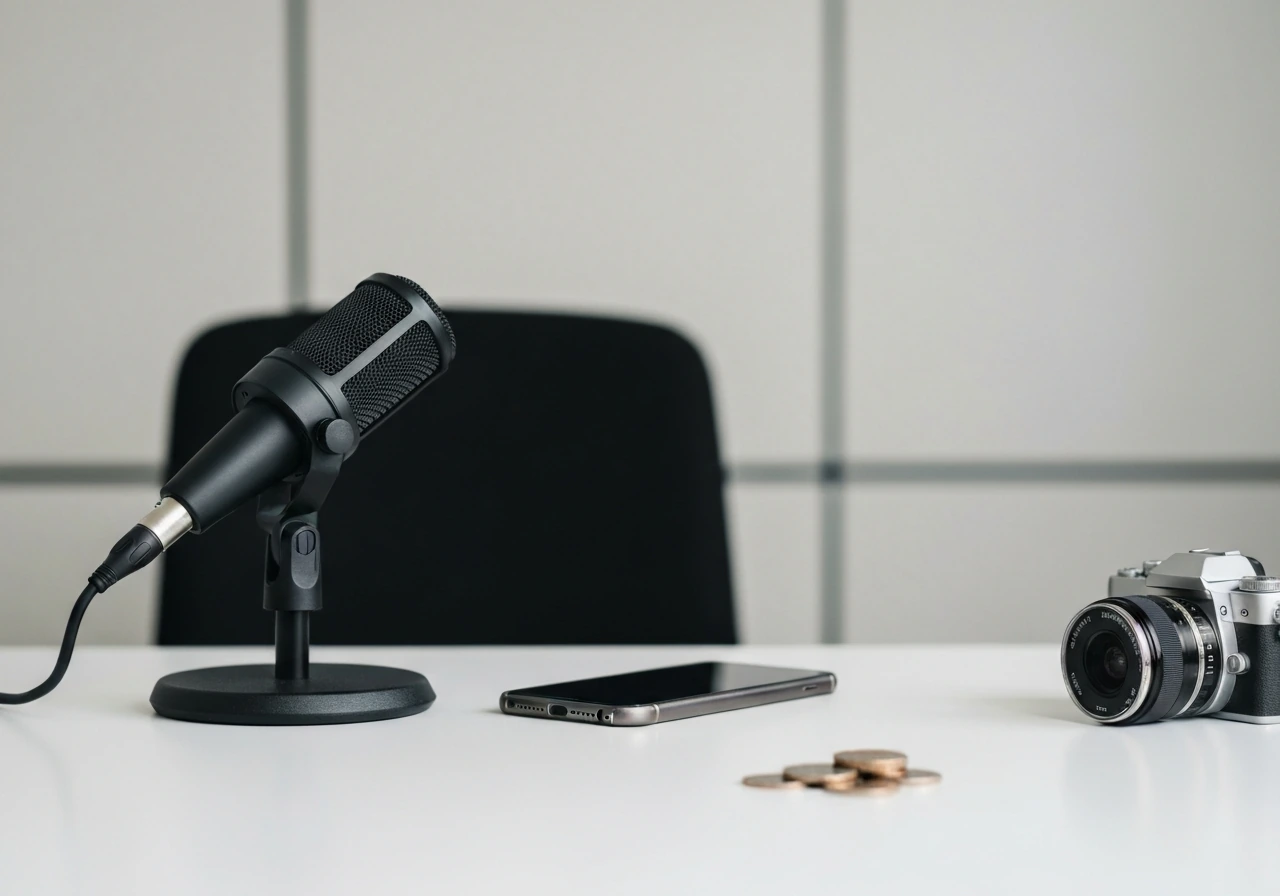 Minimal desk scene with camera, microphone, and a few coins symbolizing endorsements and appearance fees