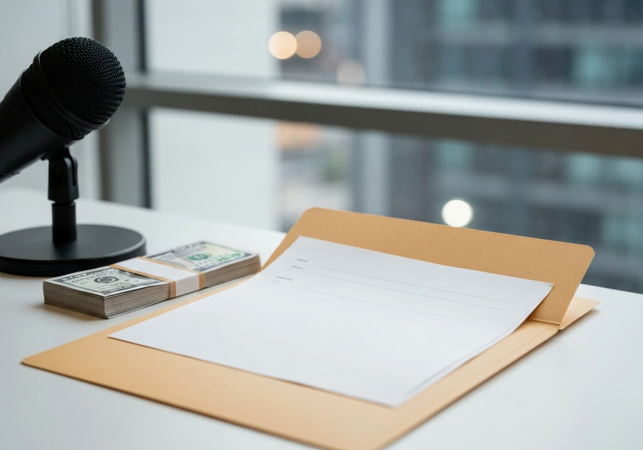 Minimal desk scene with scattered money, a folder, and an empty microphone stand symbolizing unverified finances.
