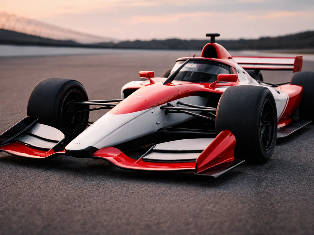 Japanese open-wheel race car on a track at dusk, hinting at the Indy 500 driver context.
