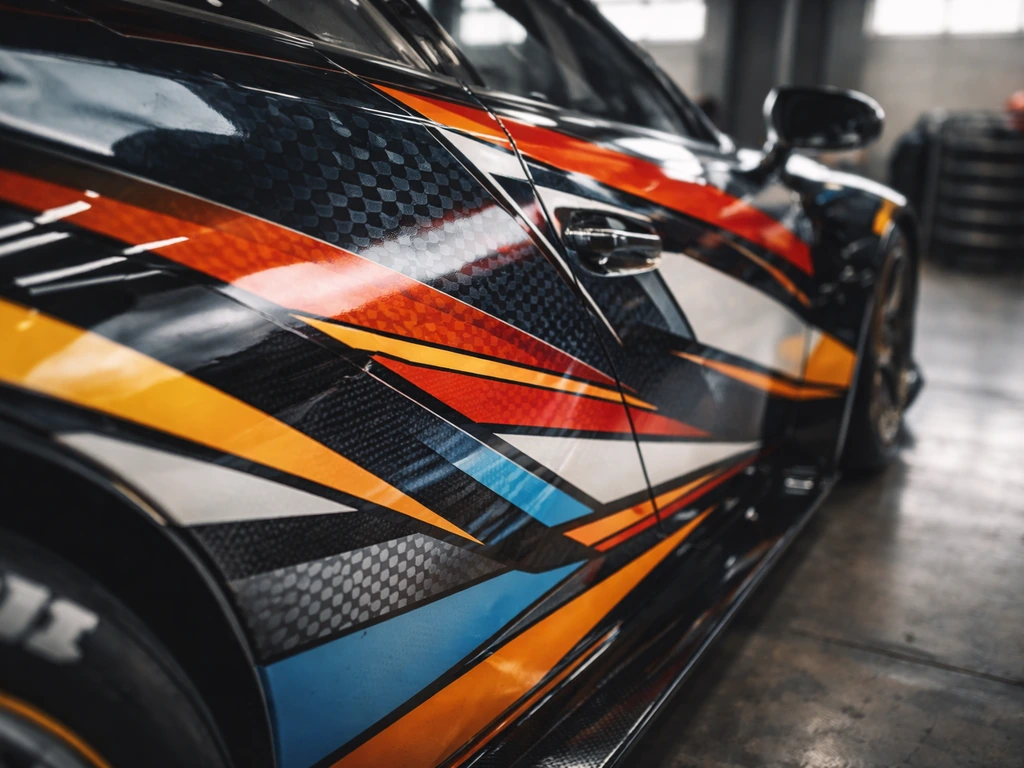 Close-up of a race car’s sponsor-style decals on a glossy body panel, symbolizing sponsorship income