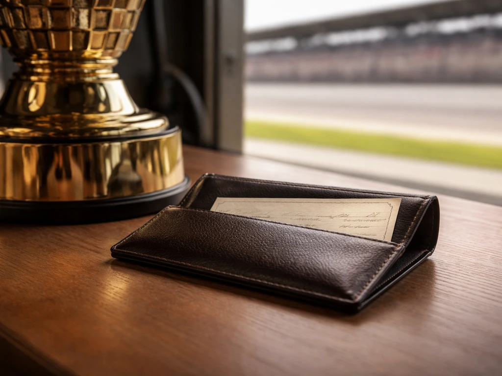Close-up of IndyCar-style racing trophy and envelope beside a check, symbolizing prize money.