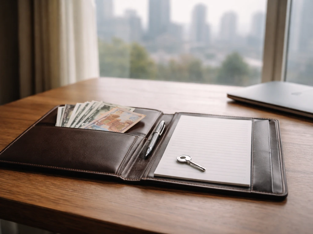 Open portfolio folder with cash envelopes and a key on a wooden desk by a window skyline.