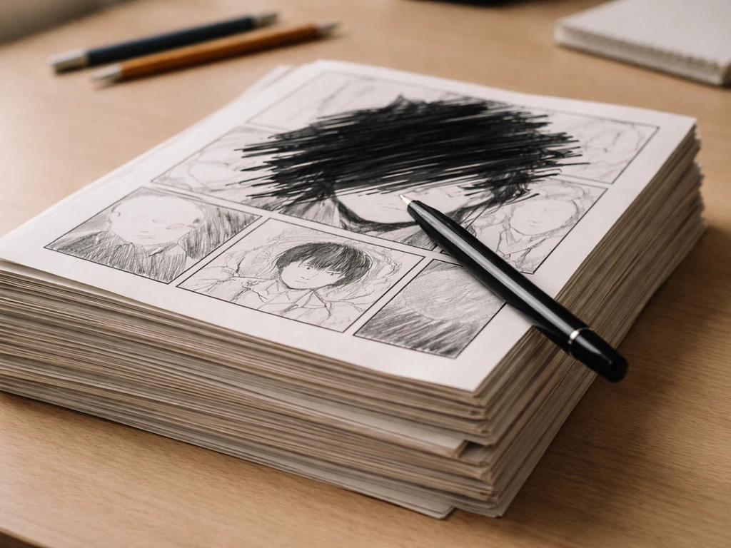 Manga pages and an anonymous pen on a desk, with the creator’s face intentionally obscured