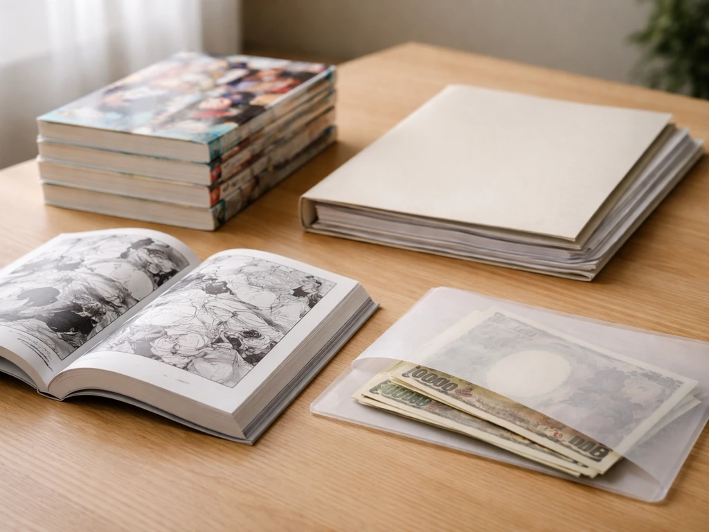 Tabletop still life of a manga volume, yen cash, and an IP licensing folder, no readable text.