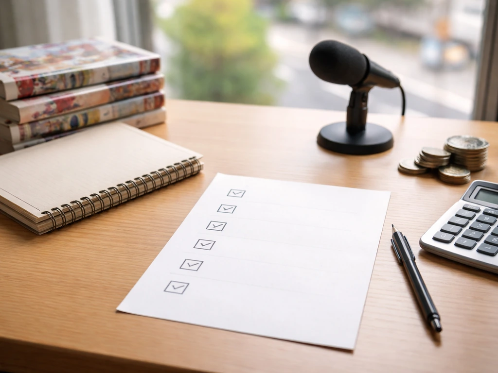 Minimal photo of a studio desk with manga-related materials and money symbols, suggesting net worth estimation steps