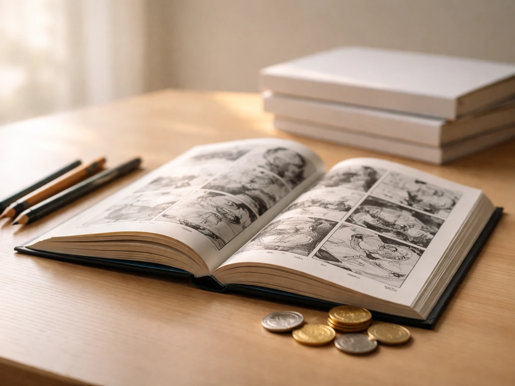Minimal desk scene with open graphic novel and scattered coins, symbolizing illustration and publishing royalties.