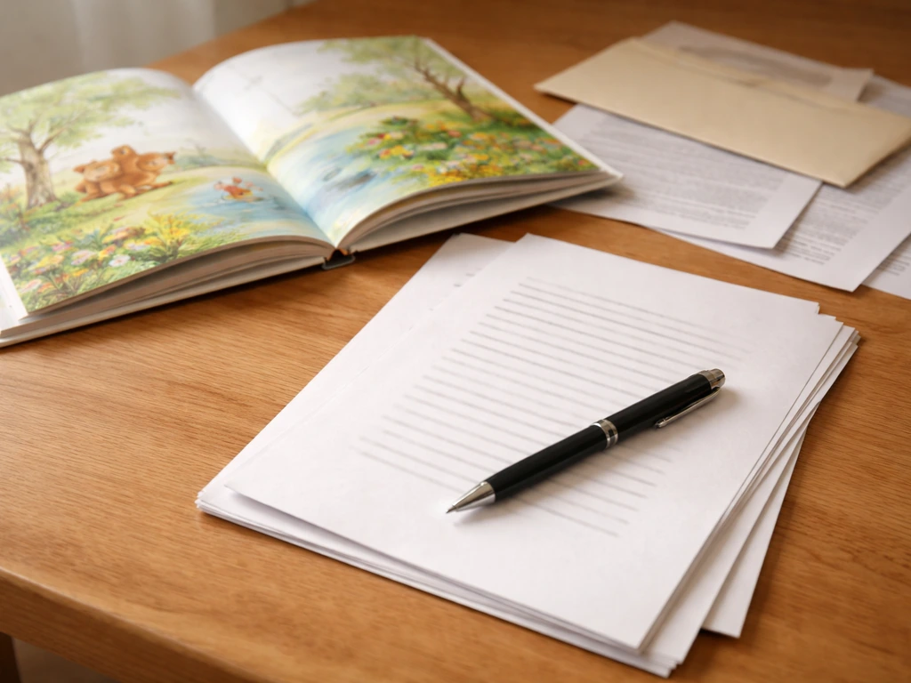 Close-up of an illustration desk with neatly arranged contract papers and a book, suggesting royalty/contract payments.