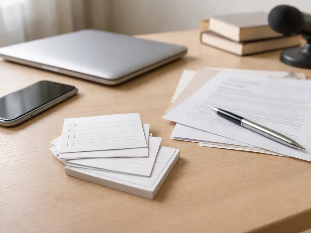 Minimal desk scene with checklist cards and business documents to verify a publishing estimate.