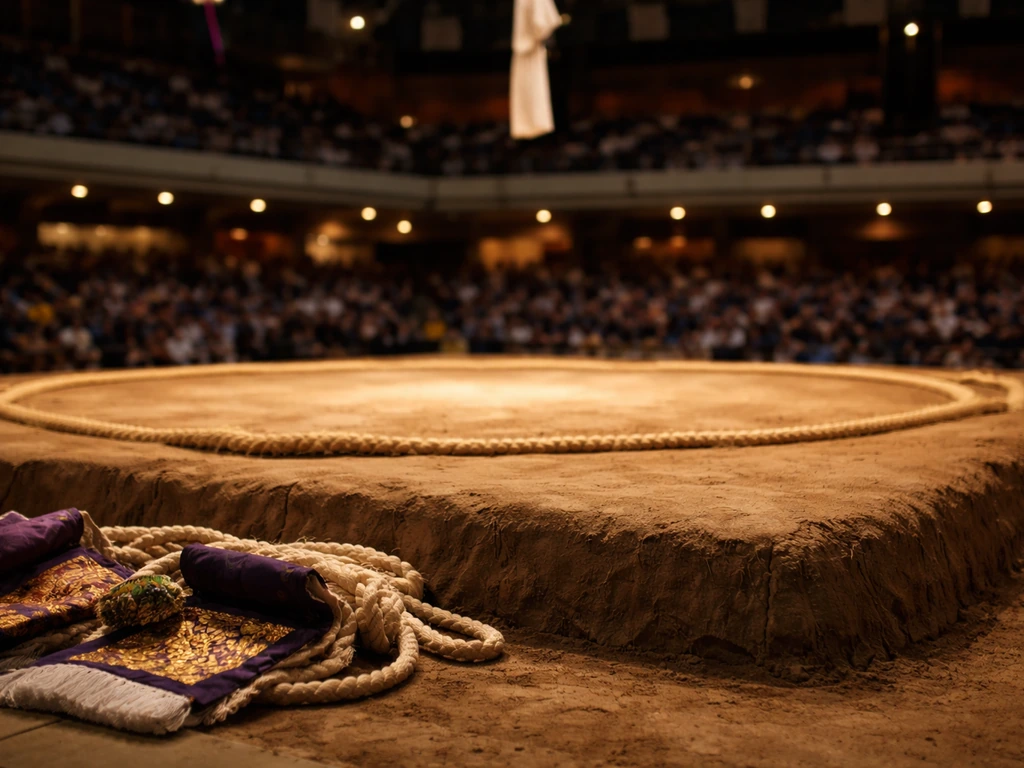 Sumo top-ring ceremony on a dohyo at dusk, banners blurred, suggesting prestige and high earnings