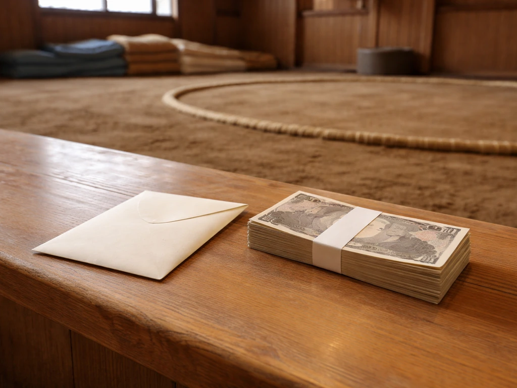 Sumo stable desk scene with a simple money envelope and currency to suggest yokozuna salary and bonuses.