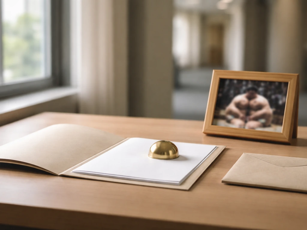 Quiet office desk with a sumo-themed framed photo and documents, symbolizing verified assets and lifestyle context