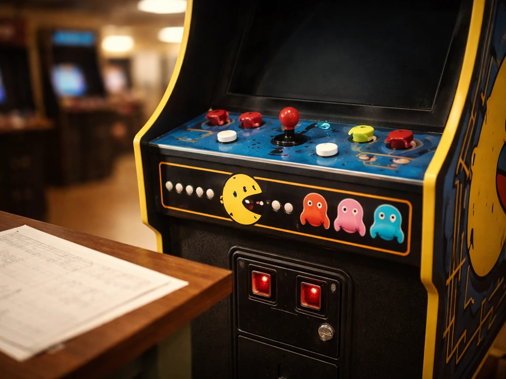 1980s arcade cabinet with Pac-Man style art in warm light, desk with blank schematic paper nearby