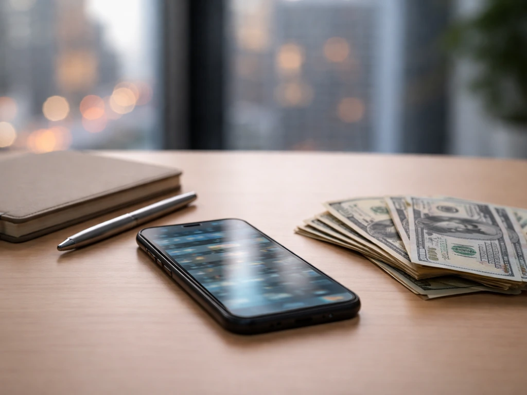 Minimal desk scene with scattered money and a smartphone showing blurred finance headlines, no readable text
