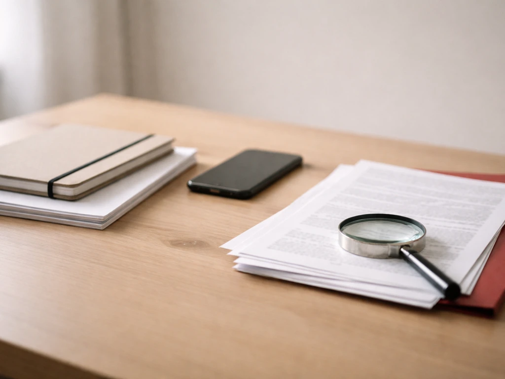 Minimal desk with business documents, magnifying glass, and papers for sanity-checking net worth sources.