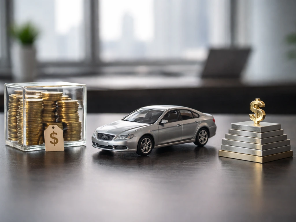 Mini car model on a desk with coins and money props symbolizing market vs book value.