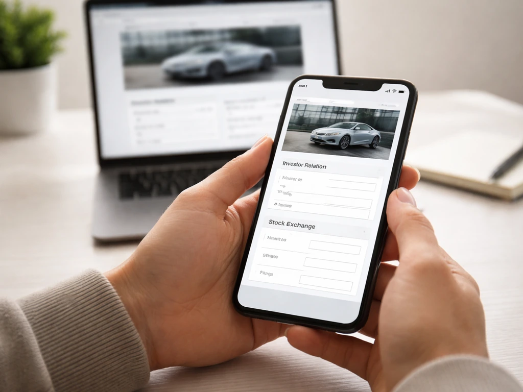Hands on a desk using a smartphone to verify investor relations and stock data fields for a company.