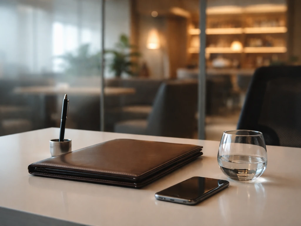 Minimal office scene with a suited executive desk setup symbolizing Suntory leadership context