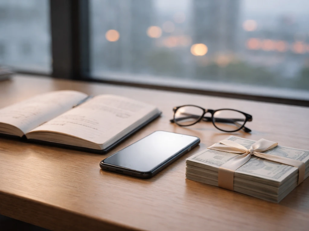 Minimal desk with tied cash and office window view, symbolizing varied net-worth estimates.